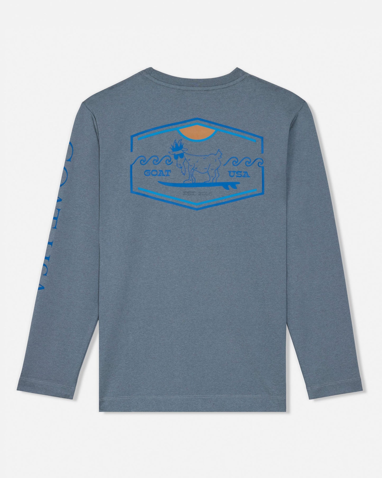 Gray long-sleeve shirt with a graphic design on the back against a white background#color_gray
