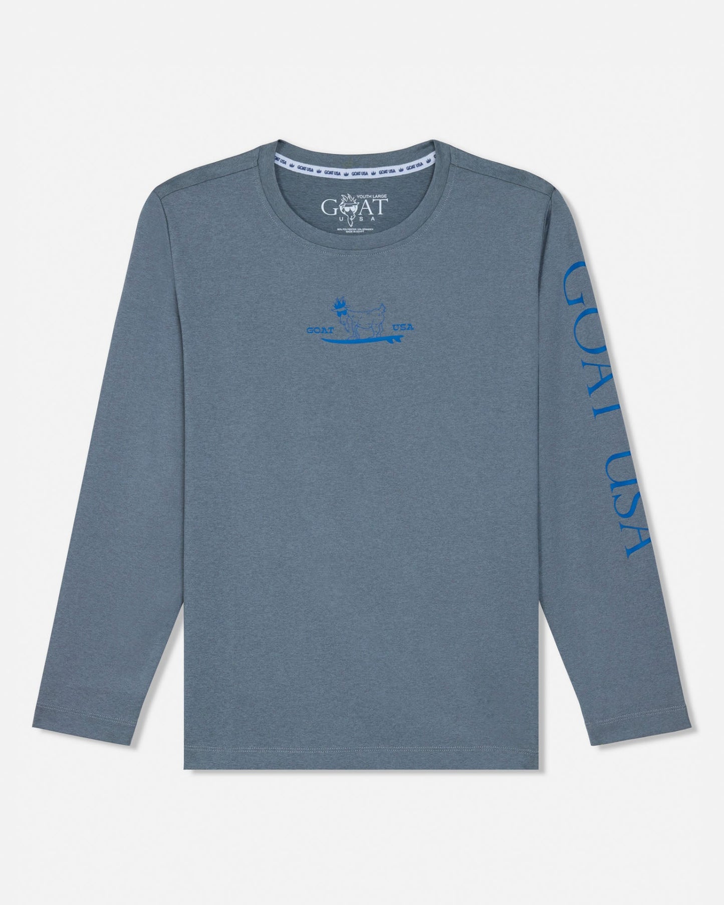 Gray long-sleeve shirt with branding on a light gray background#color_gray