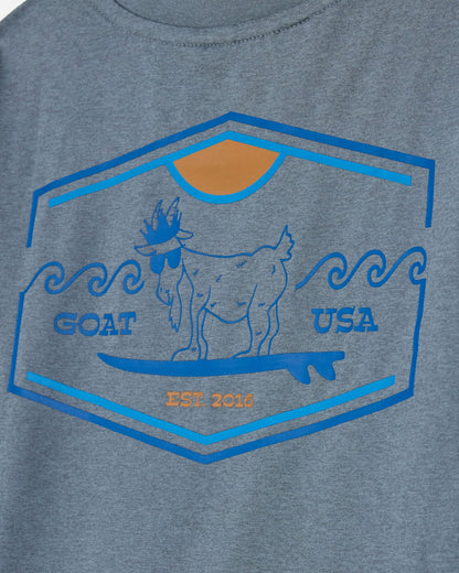 Gray t-shirt with a blue and orange graphic of a goat and 'GOAT USA' text on a gray background#color_gray