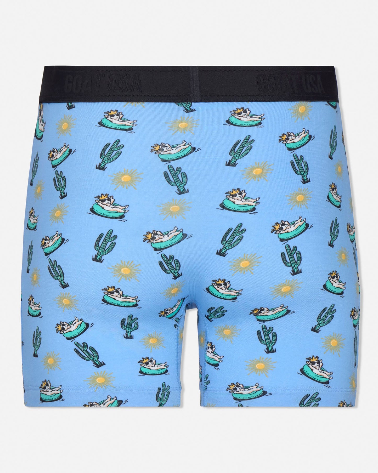 Blue boxer briefs with cactus and boat pattern on a white background