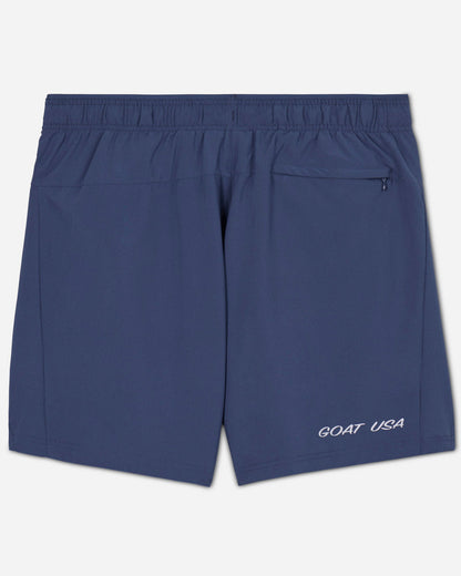 Back of navy athletic shorts