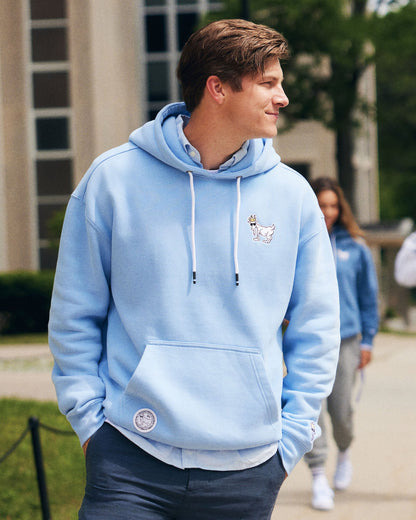 Man wearing a light blue hoodie with a small design on it, standing outdoors#color_carolina-blue