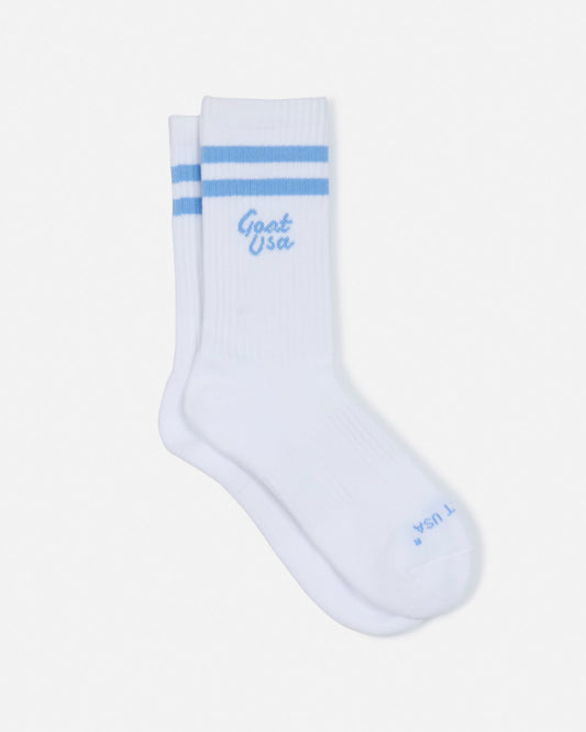 Laid out pair of socks with light blue stripes#stripe-color_carolina-blue
