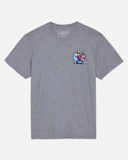 Front of gray t-shirt with soccer player goat graphic