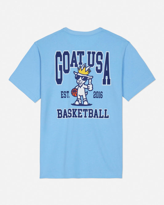 Back of carolina blue t-shirt with basketball player goat graphic