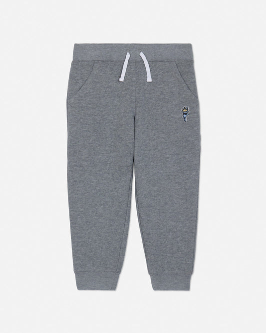 Gray sweatpants with a small embroidered design on a light gray background#color_gray