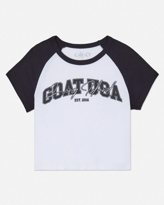 Front of black and white baby tee with GOAT USA graphic