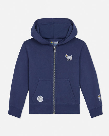 Navy blue toddler-sized hoodie with brand logo on a light gray background#color_navy