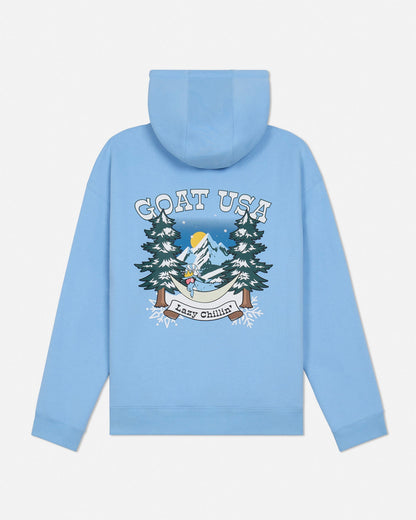 Light blue hoodie with graphic design on the back against a white background