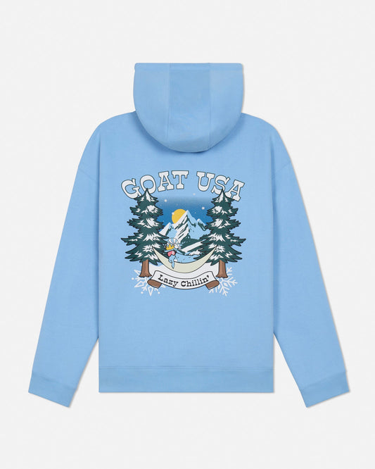 Light blue hoodie with graphic design on the back against a white background