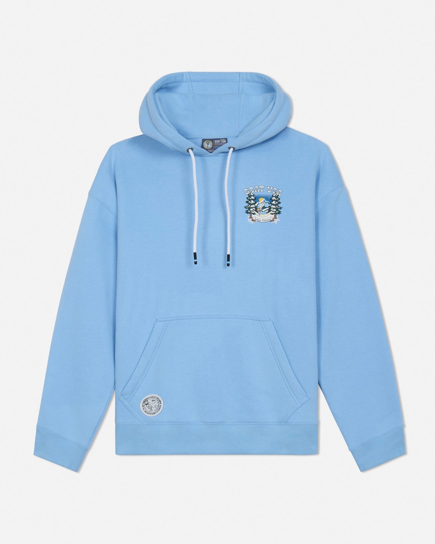Light blue hoodie with a logo on a white background