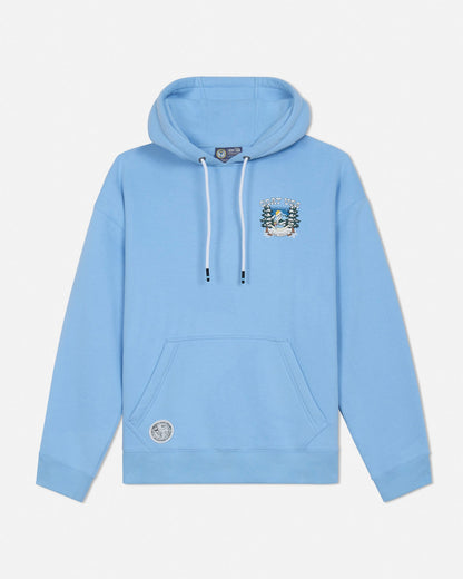 Light blue hoodie with a logo on a white background