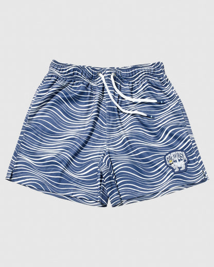 Front of navy mesh shorts with wave design#color_navy