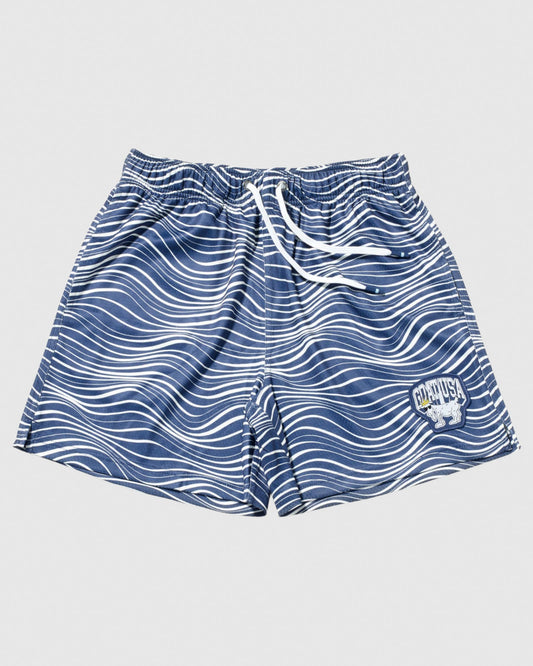 Front of navy mesh shorts with wave design#color_navy