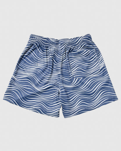 Back of navy mesh shorts with wave design#color_navy