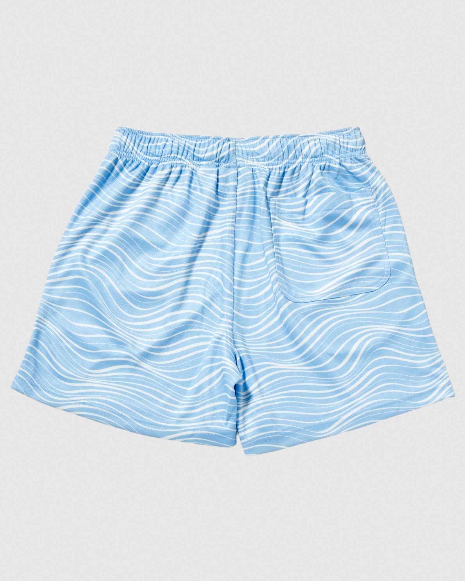 Back of carolina blue mesh shorts with wave design#color_carolina-blue