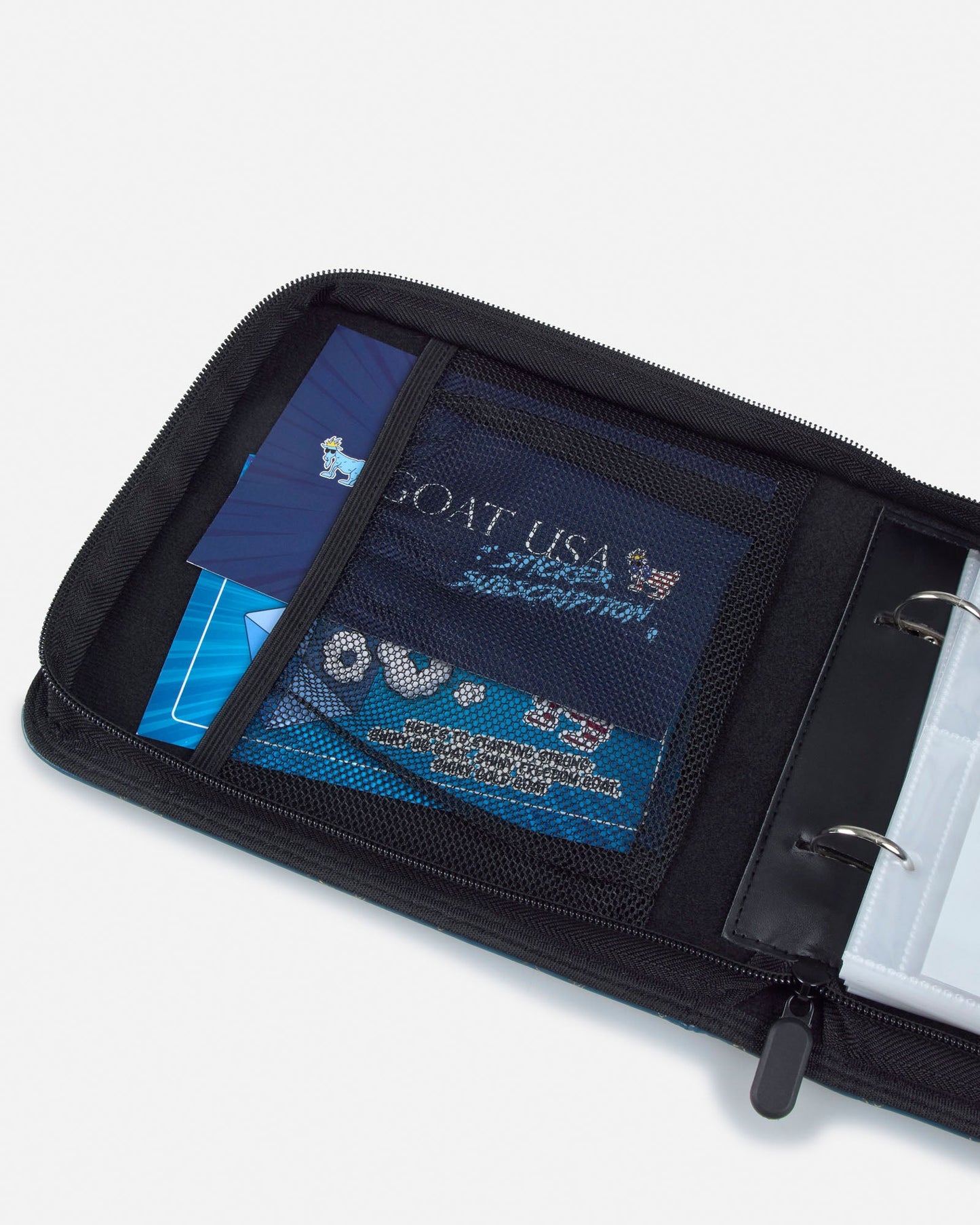 Black organizer with a blue pocket displaying 'GOAT USA' branding on a white background