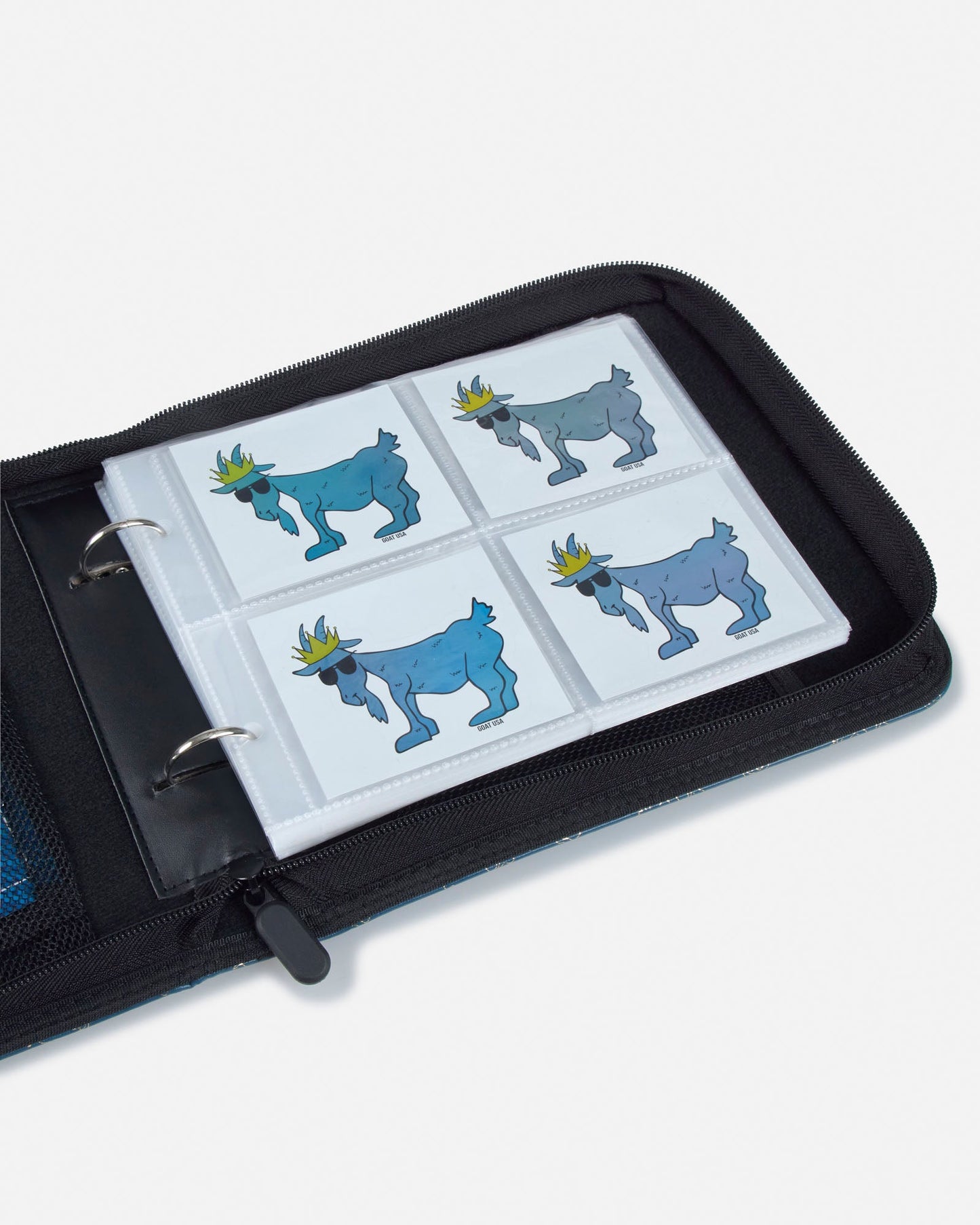 Card holder with blue cartoon goat stickers on a white background