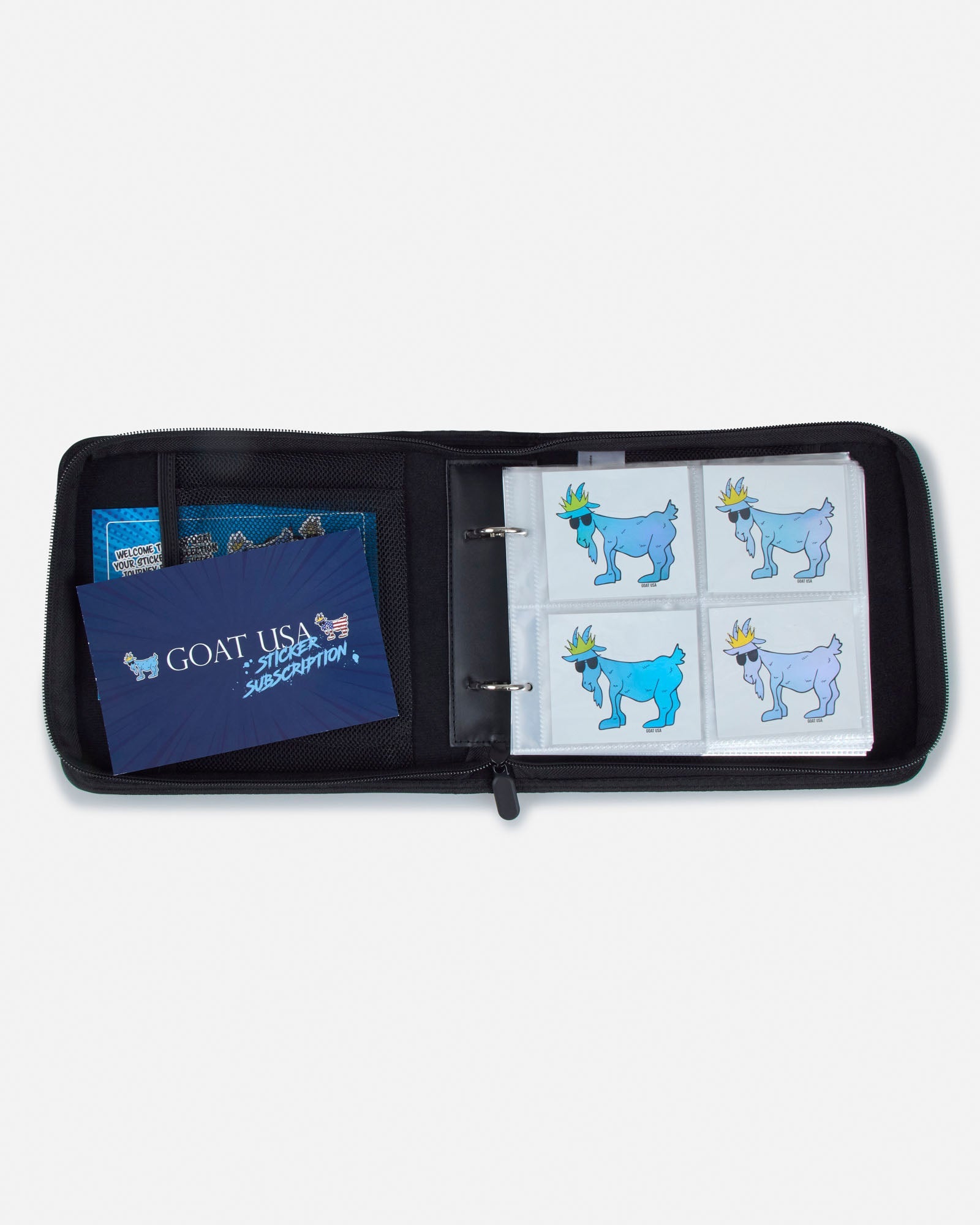 Open ring binder with cards and a blue card inside on a white background
