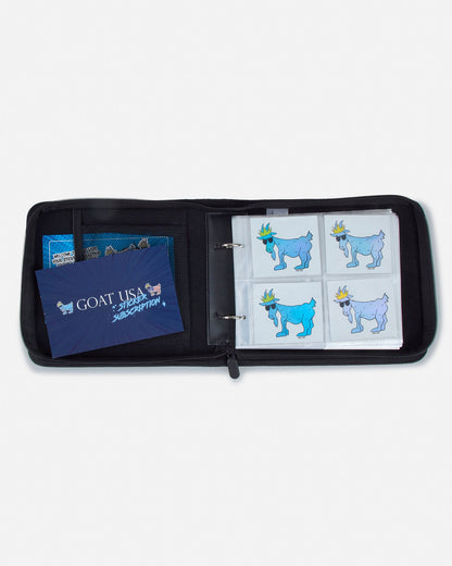 Open ring binder with cards and a blue card inside on a white background