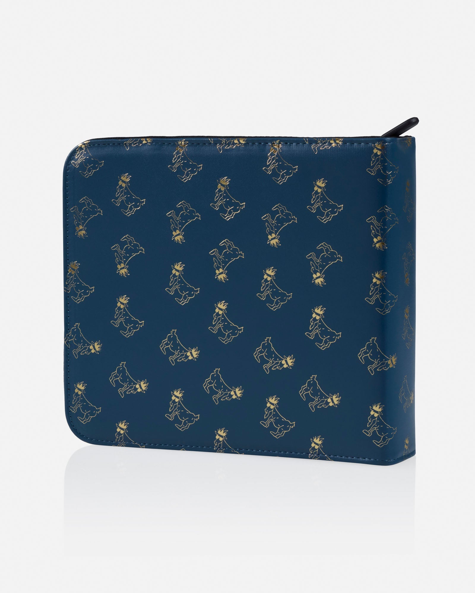 Navy blue pouch with gold goat pattern on a white background