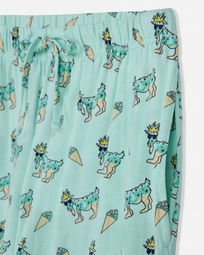 Light green fabric with cartoon goat and ice cream pattern