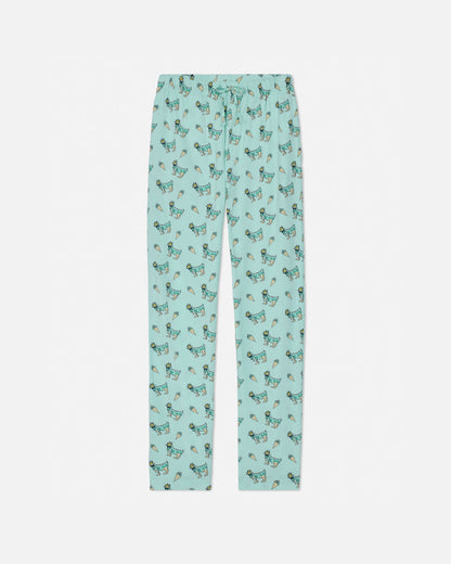 Light green pajama pants with goat pattern on a white background