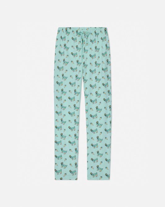 Light green pajama pants with goat pattern on a white background