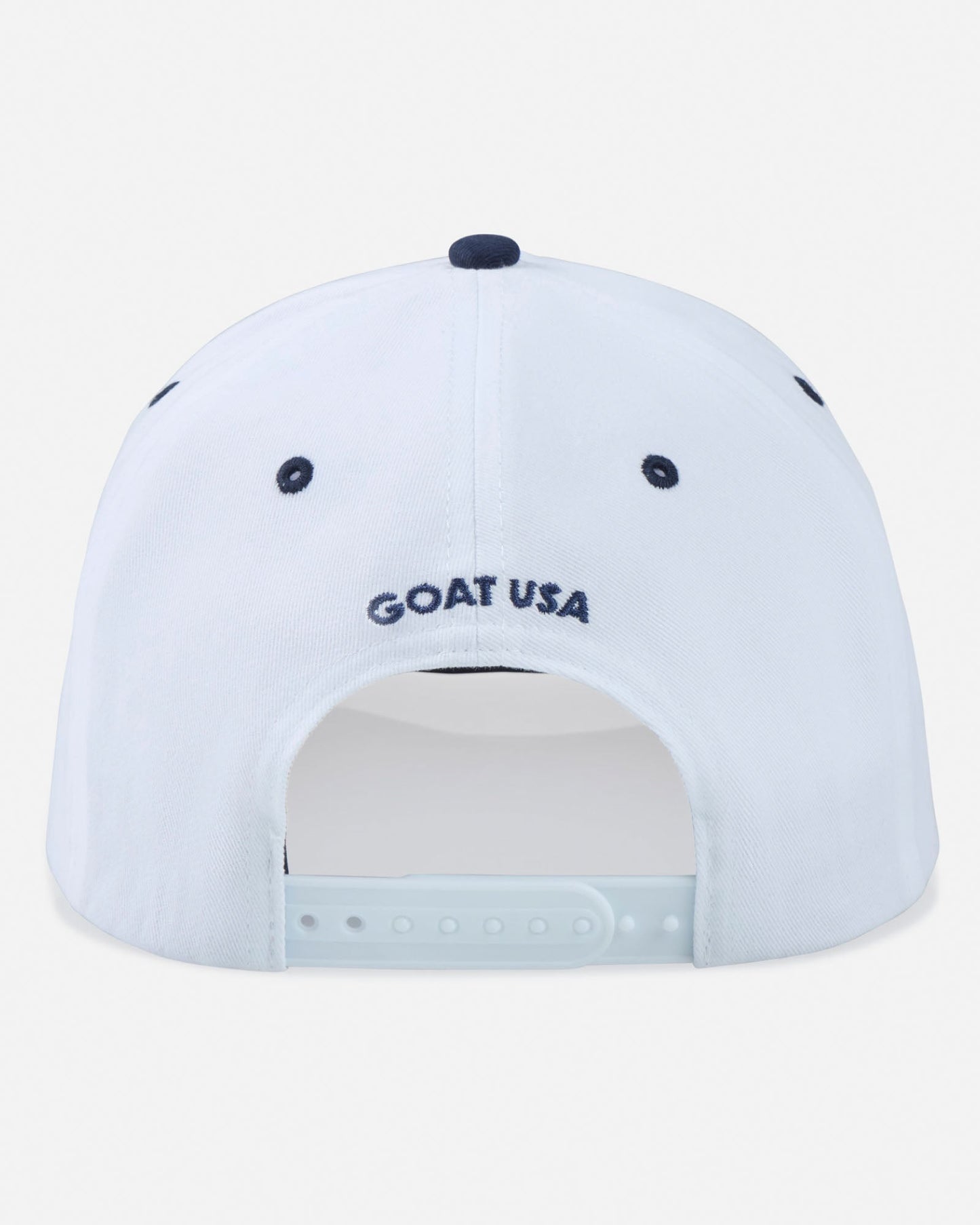 White cap with 'GOAT USA' logo on a light gray background