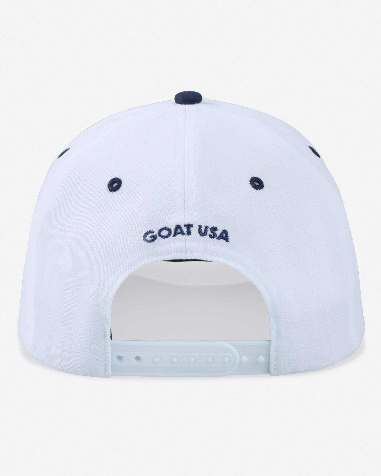 White cap with 'GOAT USA' logo on a light gray background