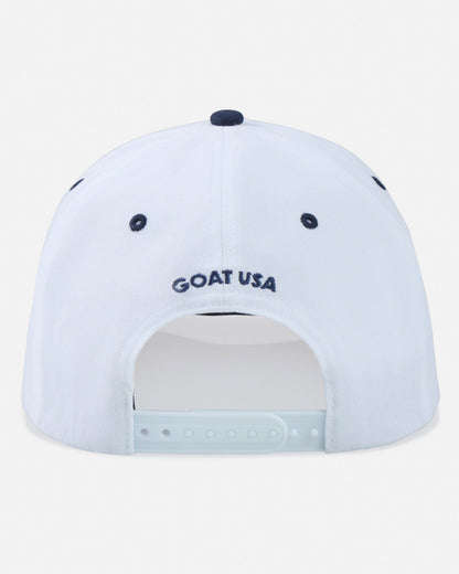 White cap with 'GOAT USA' logo on a light gray background