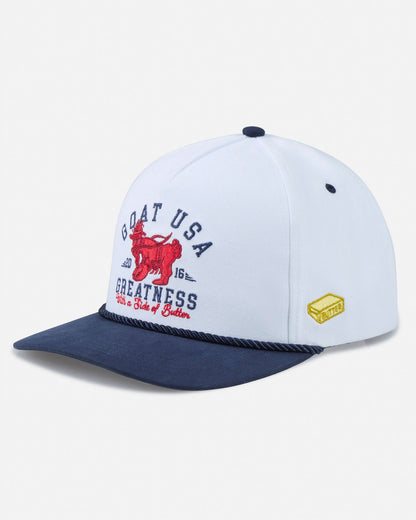 White and navy cap with red and blue text and graphics on a white background