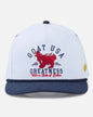 White and navy cap with red graphic and text on a light gray background