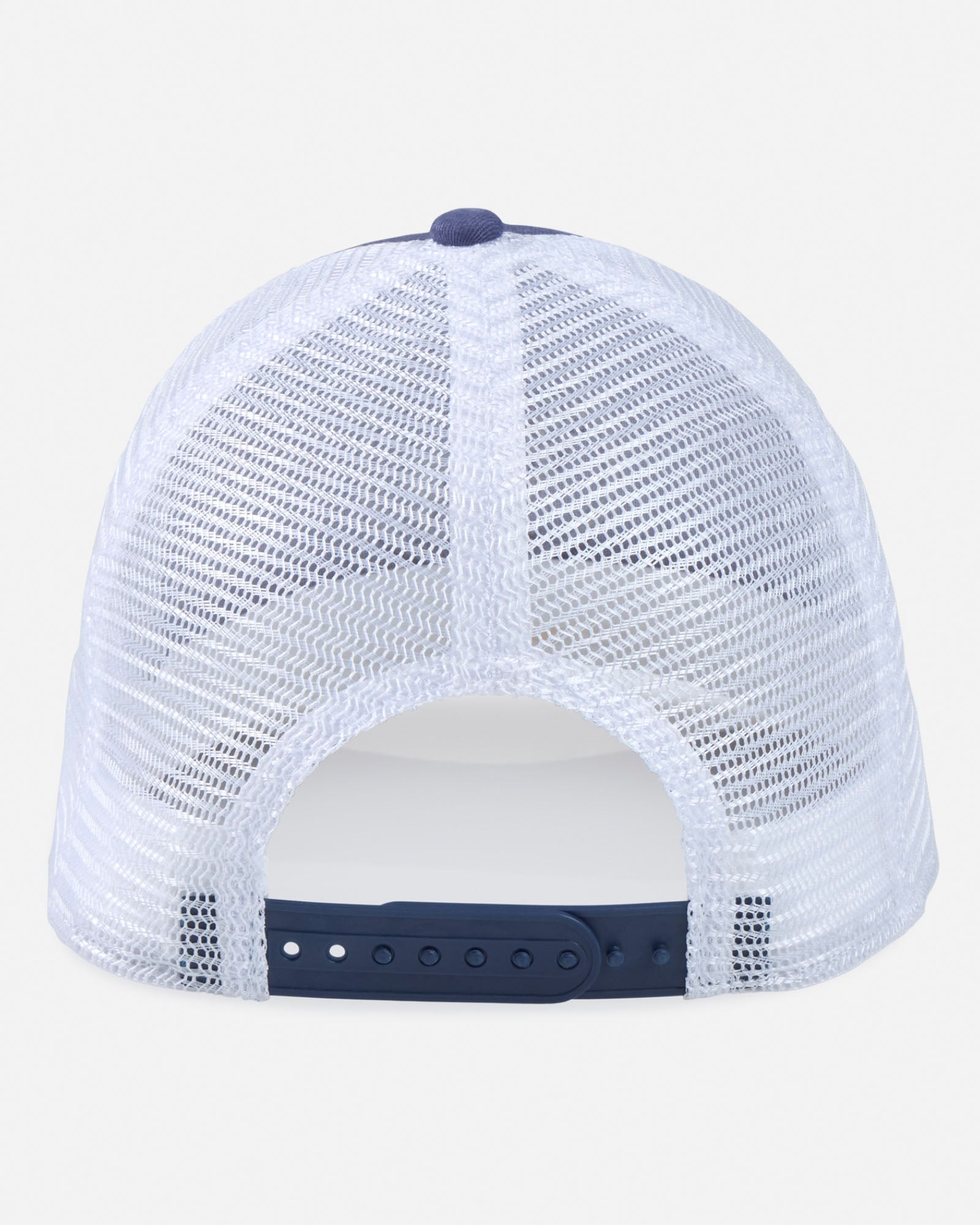 White mesh cap with navy blue brim and accents on a white background