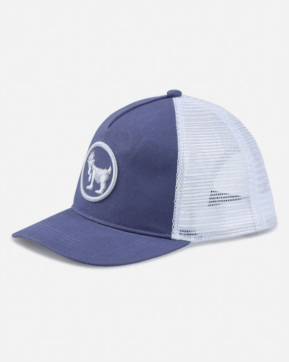 Blue and white trucker hat with a logo on a light gray background