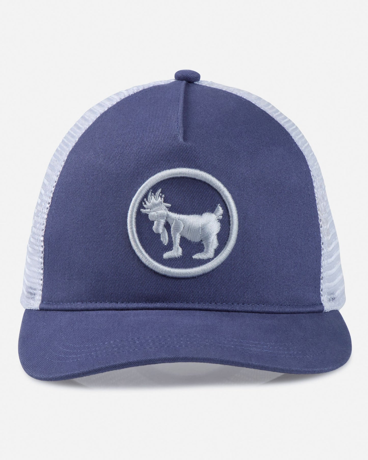 Blue trucker cap with white mesh back and logo on a light gray background