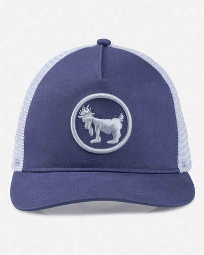 Blue trucker cap with white mesh back and logo on a light gray background