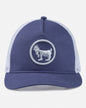 Blue trucker cap with white mesh back and logo on a light gray background