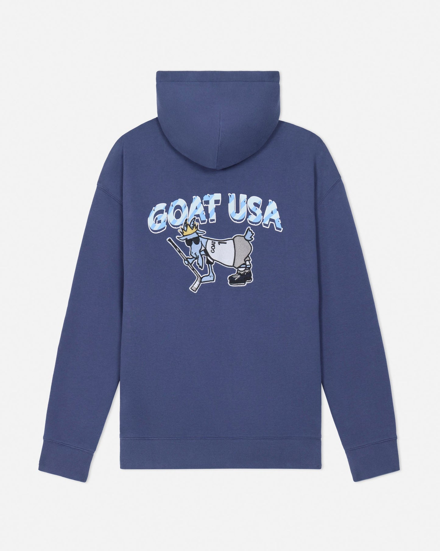 Blue hoodie with 'GOAT USA' graphic on the back against a light gray background