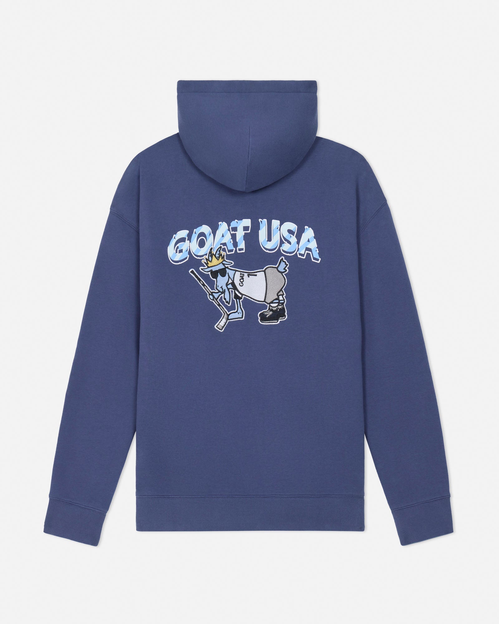Blue hoodie with 'GOAT USA' graphic on the back against a light gray background