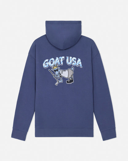 Blue hoodie with 'GOAT USA' graphic on the back against a light gray background
