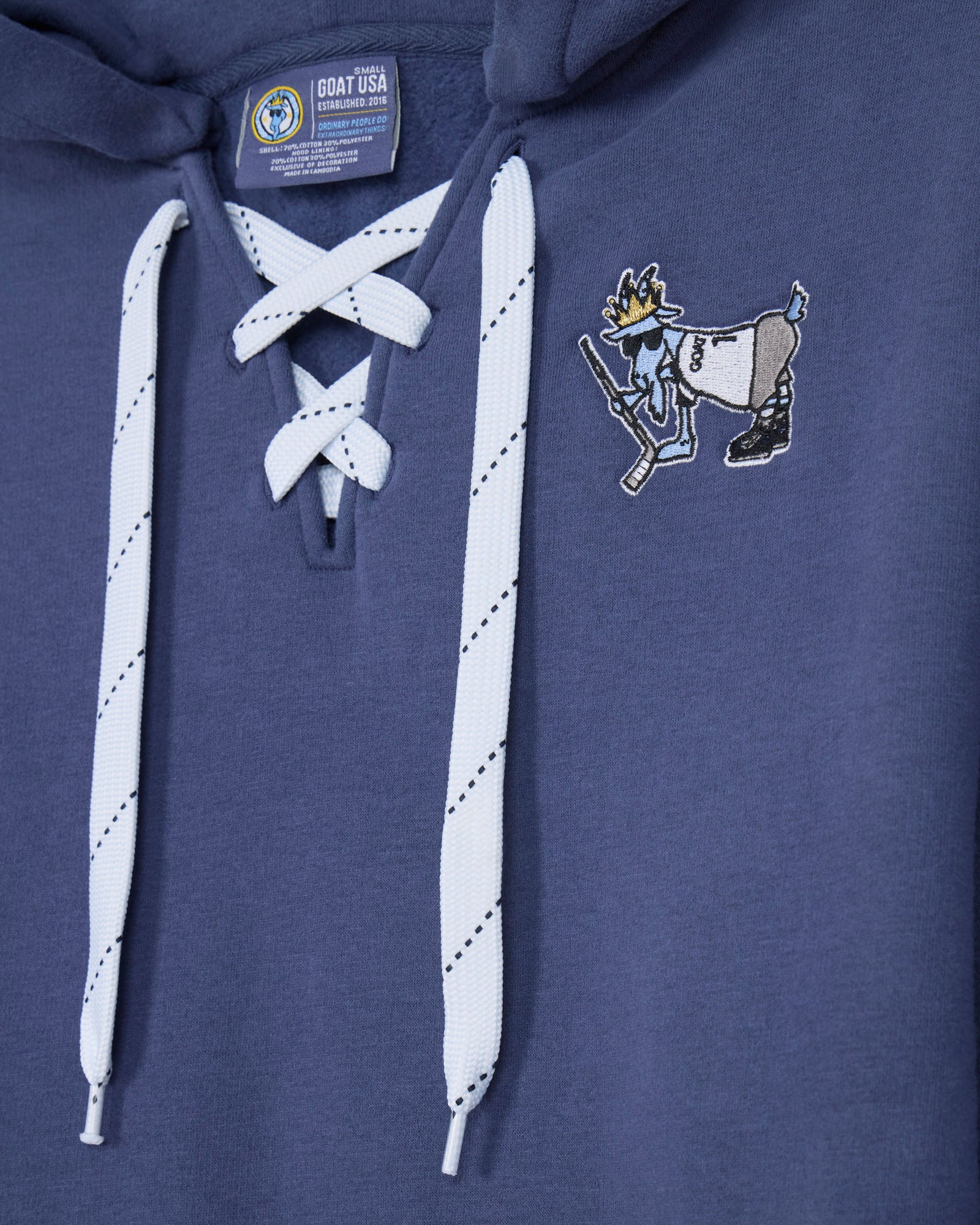 Blue hoodie with white lace-up drawstrings and a logo on the chest.