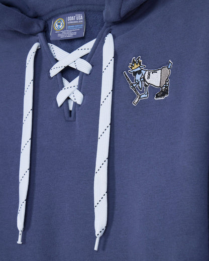 Blue hoodie with white lace-up drawstrings and a logo on the chest.