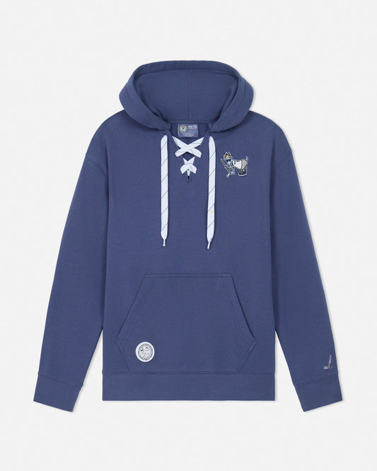 Blue hoodie with white drawstrings on a light gray background