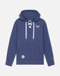 Blue hoodie with white drawstrings on a light gray background