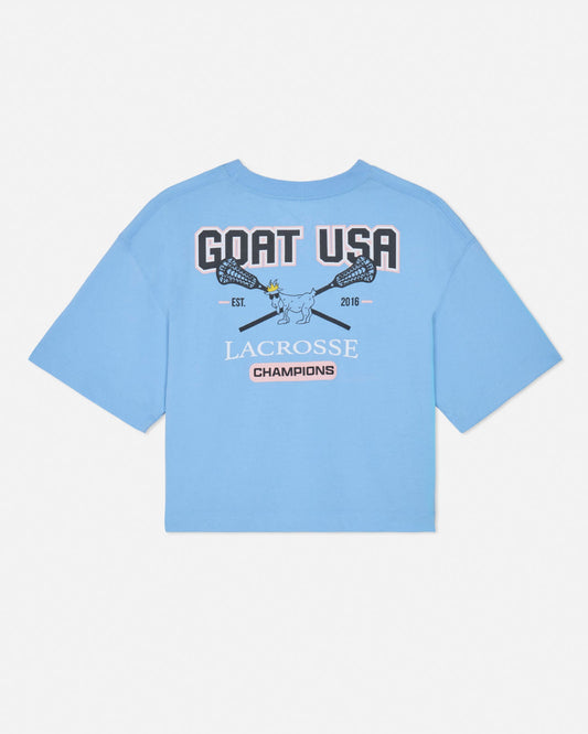 Back of blue crop top with lacrosse goat design
