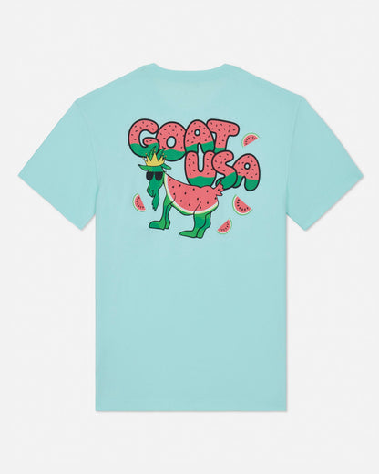 Light green t-shirt with cartoon character and 'GOAT USA' text on a white background