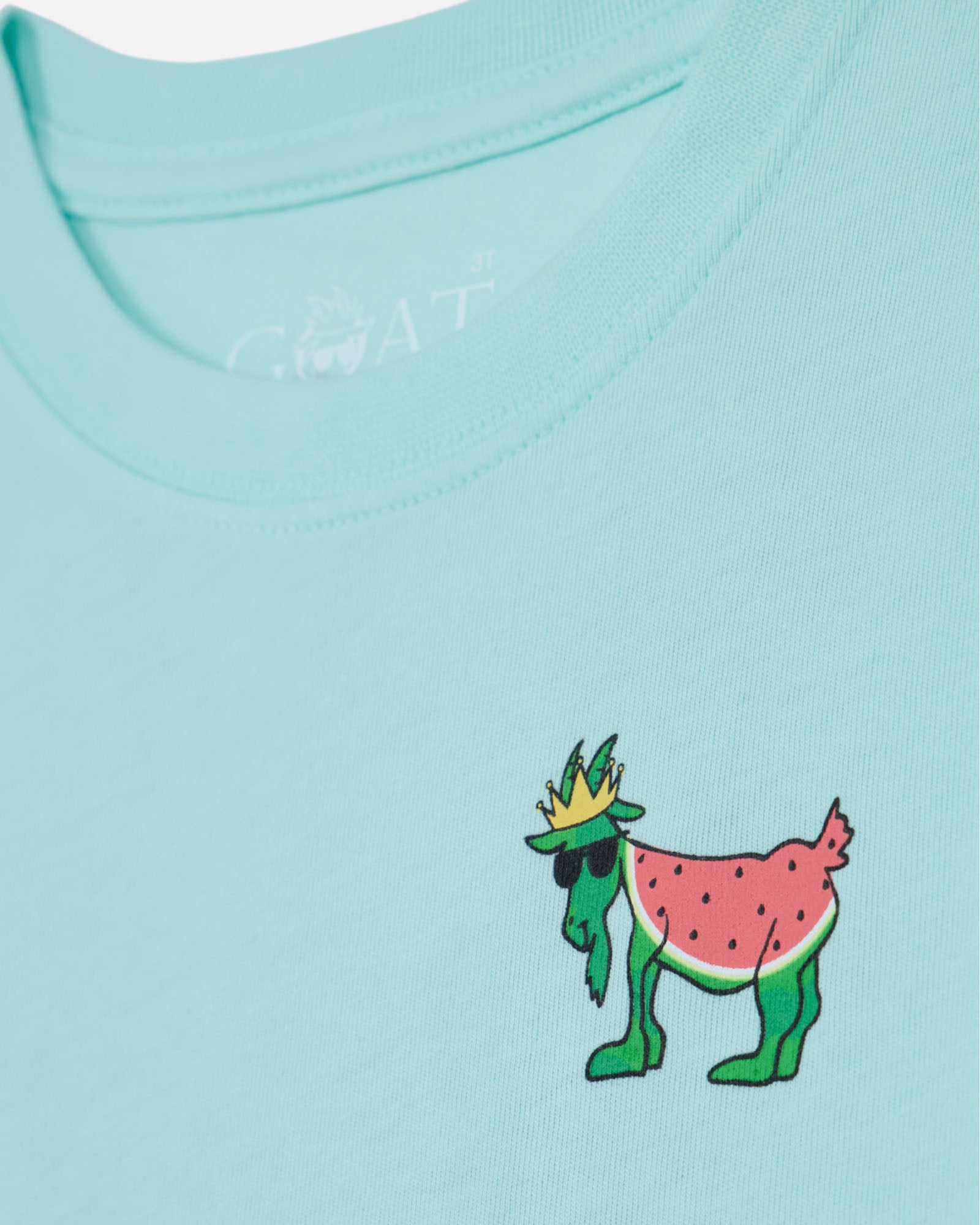 Light green t-shirt with a watermelon-themed graphic of a goat wearing sunglasses and a crown.