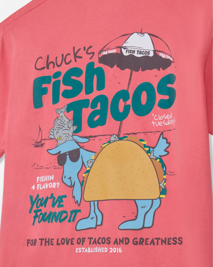 Pink t-shirt with 'Chuck's Fish Tacos' graphic design on a white background
