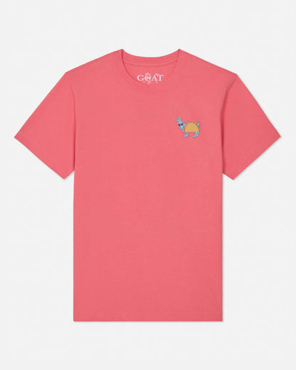 Pink t-shirt with a small graphic on a white background
